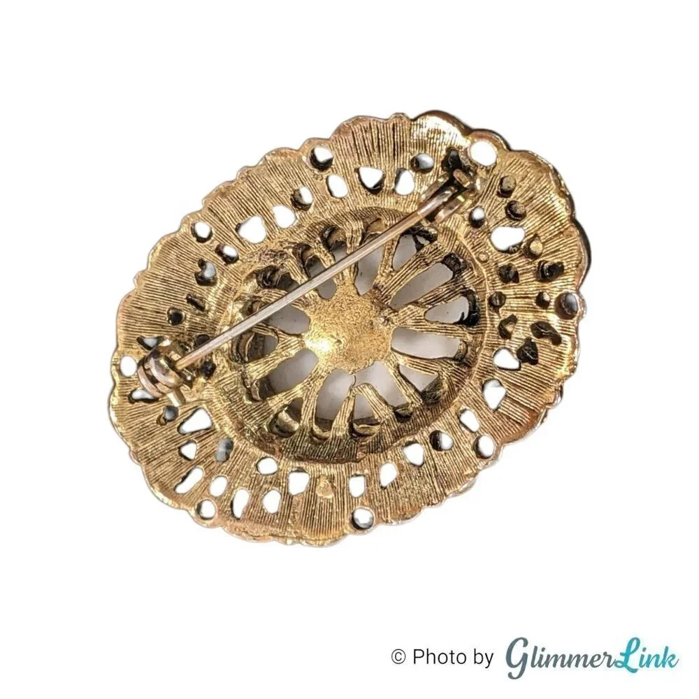 Vintage Oval Large Faux Pearl Cabochon Filigree Gold Tone Brooch Pin